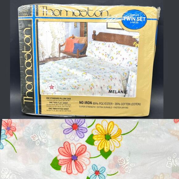 Vintage Thomaston Melanie 3 Piece Twin Sheet Set Butterfly Flower Power No Iron - Picture 1 of 8